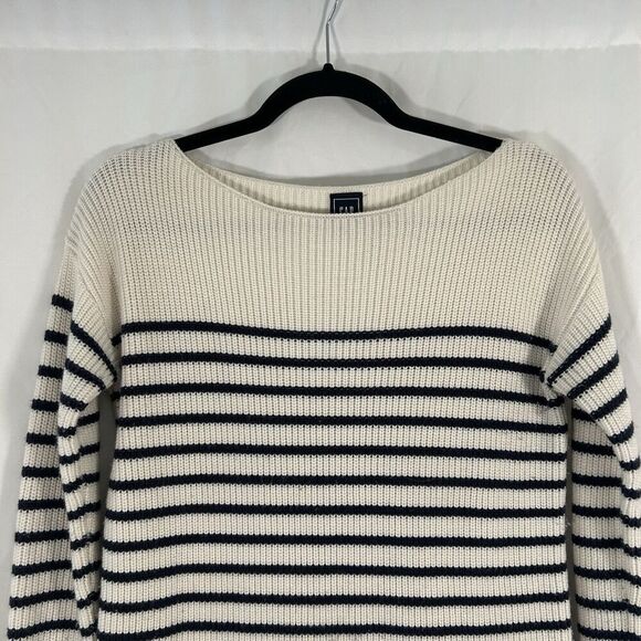 Gap Sweater Women's XS Beige Blue Striped Knit Merino Wool Blend Round Neck - Picture 2 of 6